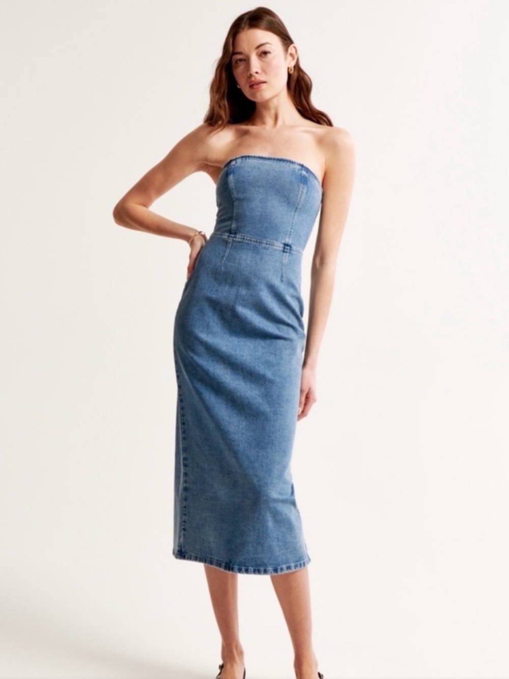 Abercrombie & Fitch Strapless Denim Midi Dress - Light Blue